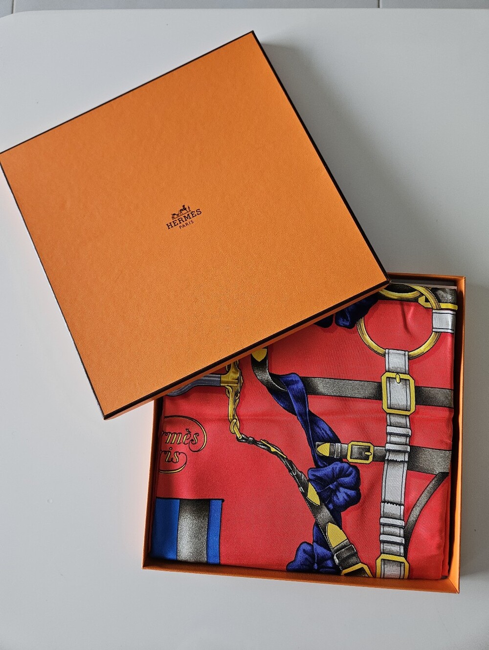 Hermes Red, Blue and Gold Equestrian Motif Silk Scarf 90X90cm  authentic